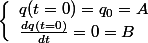 \left\lbrace\begin{array}l q(t=0)=q_0=A \\ \frac{dq(t=0)}{dt}=0=B \end{array} 